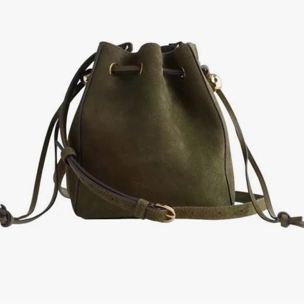NWT Madewell The Mini Drawstring Crossbody Bucket Bag Olive Green Suede